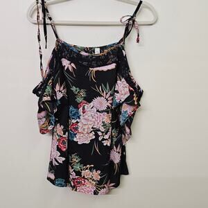 Boho Tropical Floral Cold Shoulder Blouse Black Size Medium M PTP 18"